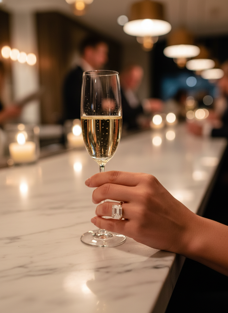 Diamond ring on champagne marble