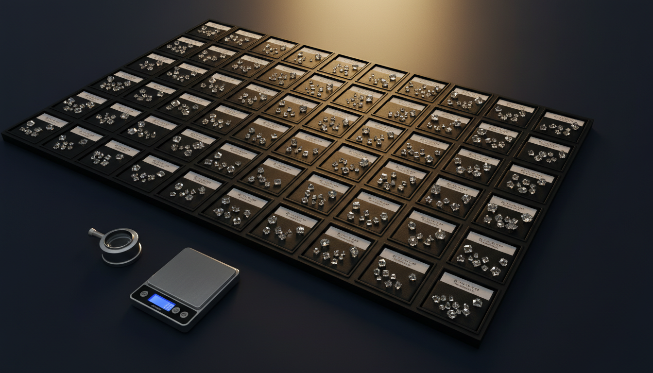 Professional diamond sorting tray with organized parcels, jeweler's loupe and precision scale