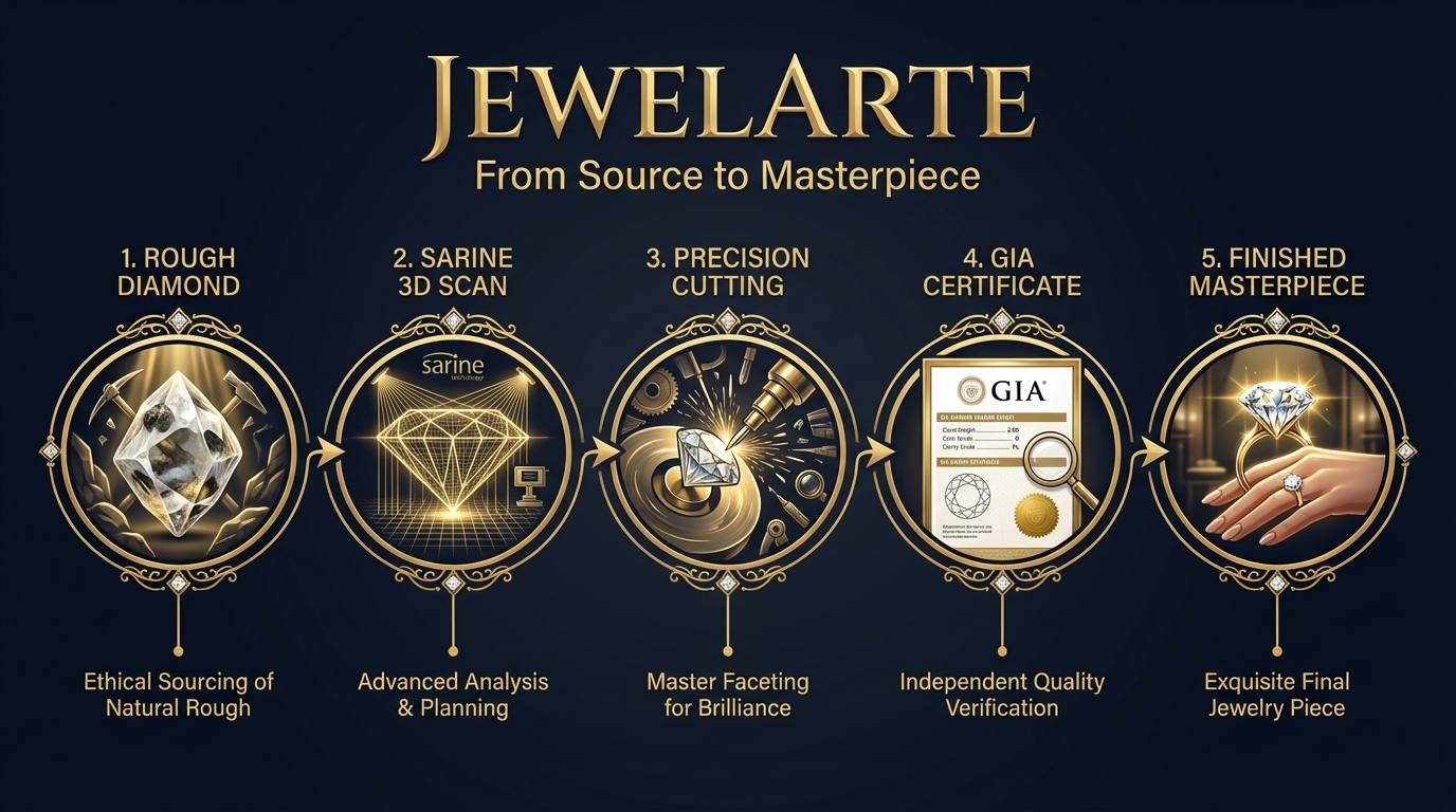 JewelArte process: Rough Diamond → Sarine 3D Scan → Precision Cutting → GIA Certification → Finished Masterpiece