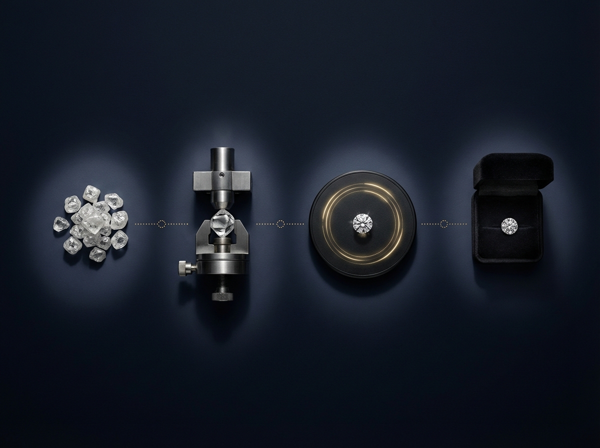 Diamond pipeline — rough crystals, precision cutting, Sarine scanning with gold rings, finished diamond in velvet box